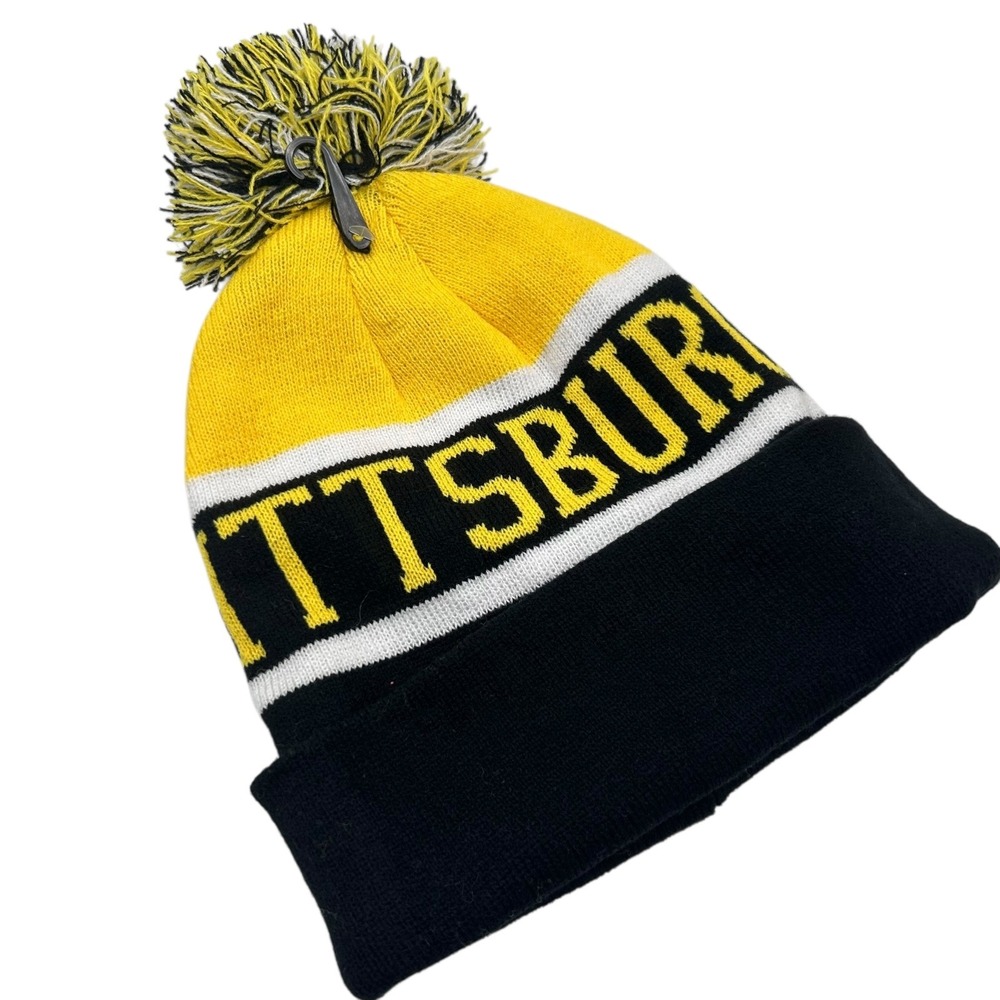 NEW Pittsburgh Knit Beanie Hat Black Yellow OS Pom Winter Steelers Football Gift